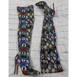 Fashion Nova Thigh High Boots Womens 8.5 Multicolor Snakeskin Stiletto Pointed